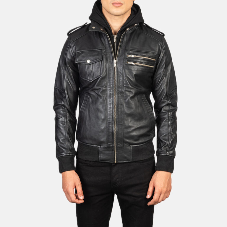 Mens Bravado Black Hooded Leather Bomber Jacket Close Front-5-1634133571976